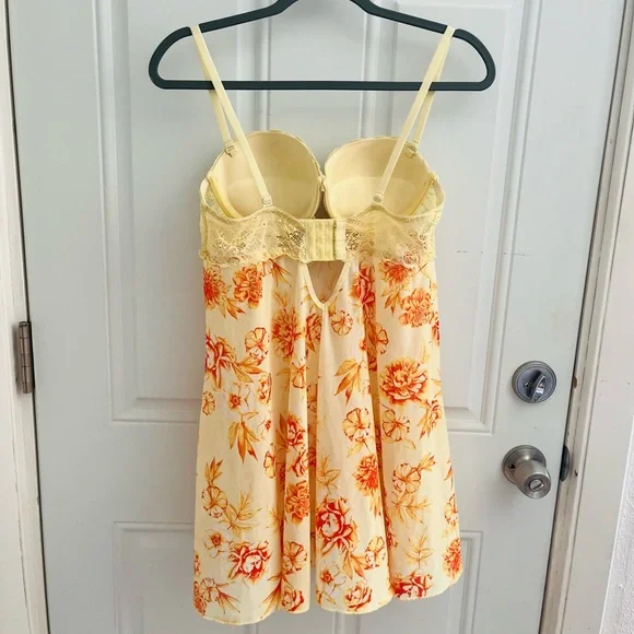sexy yellow and orange floral print lingerie mini dress with lace - Picture 6 of 6